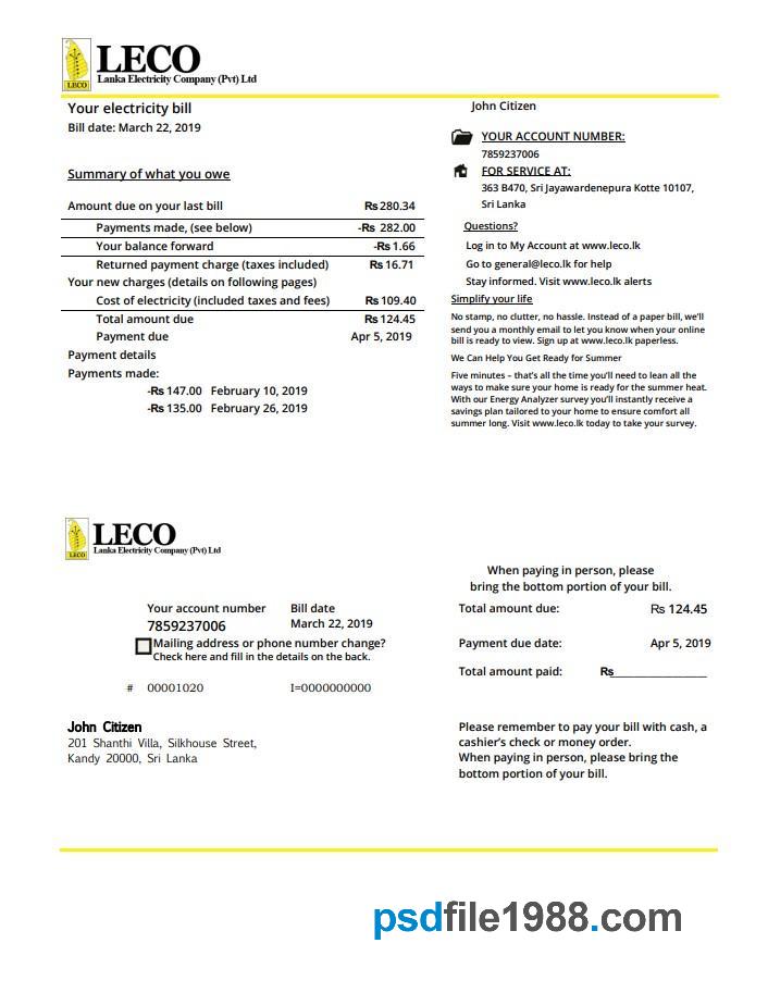 Sri Lanka LECO Company Electricity Utility Bill